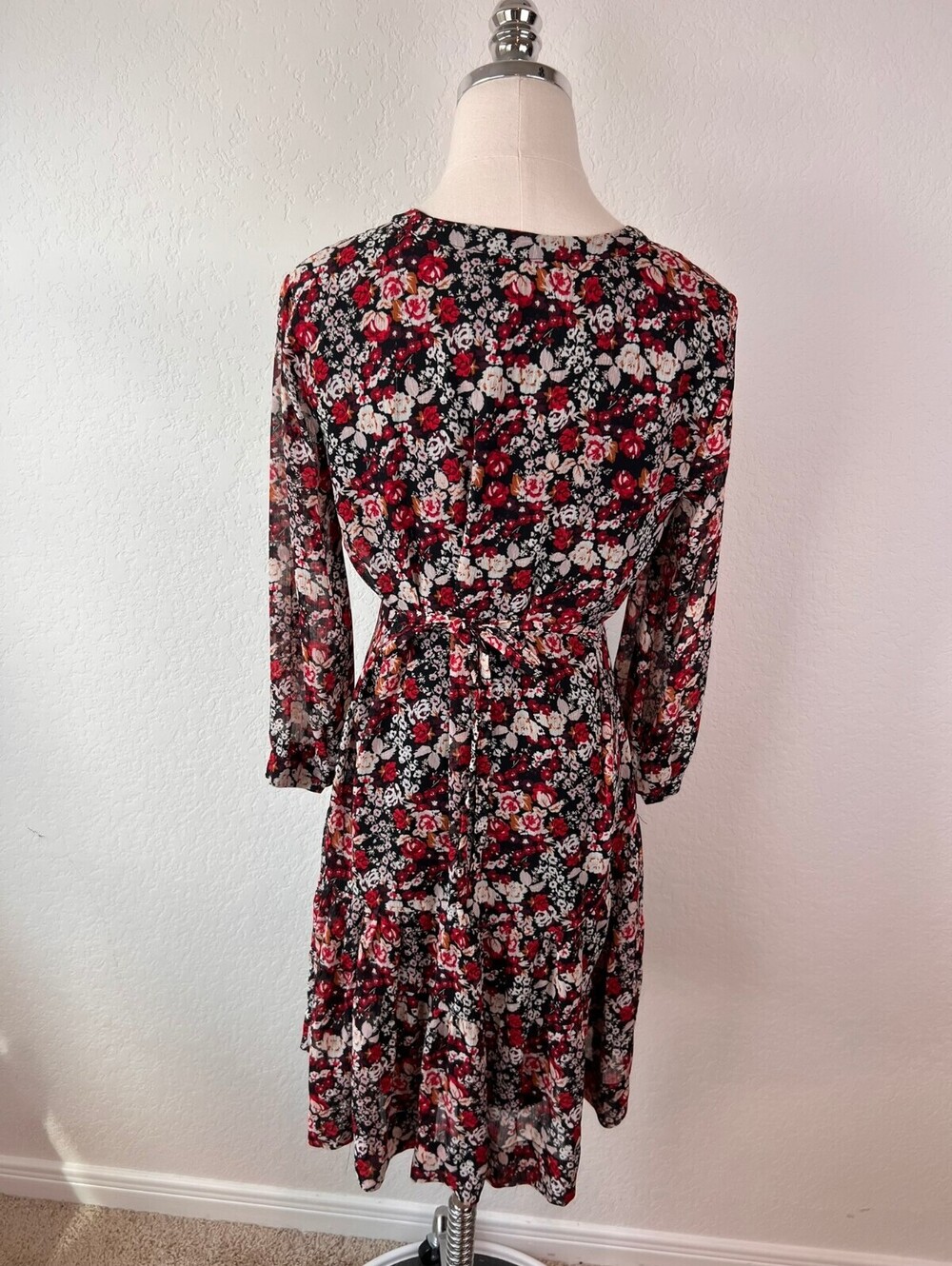Rose & Olive Black and Red Floral Mini Dress Tie Waist Cottagecore size Small - Picture 8 of 10